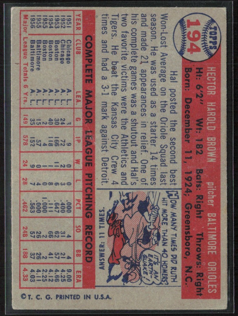 Hal Brown 1957 Topps #194 Baltimore Orioles
