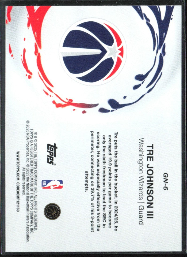 Tre Johnson III 2025 Topps Generation Now RC #GN-6 Washington Wizards