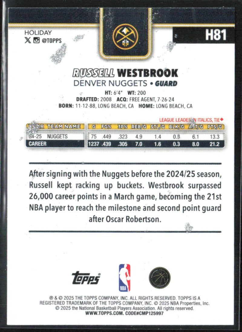 Russell Westbrook 2025 Topps Holiday Silver Glitter #H81 Denver Nuggets
