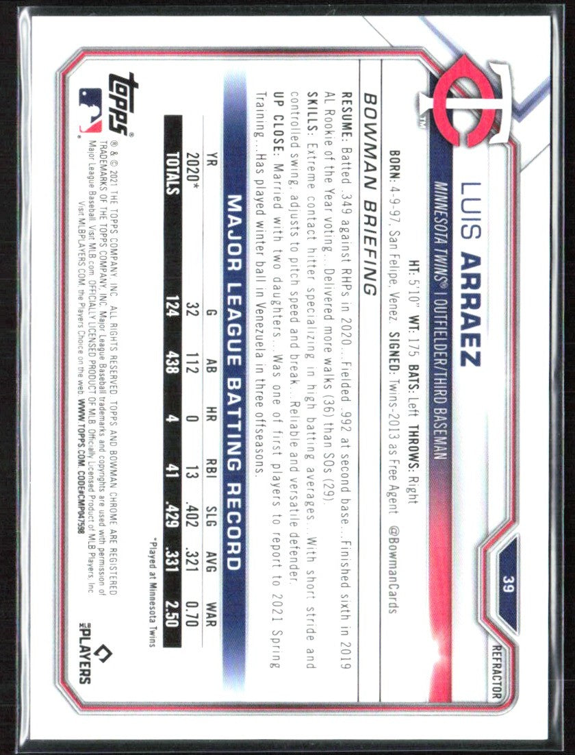 Luis Arraez 2021 Bowman Chrome Refractor /499 #39 Minnesota Twins