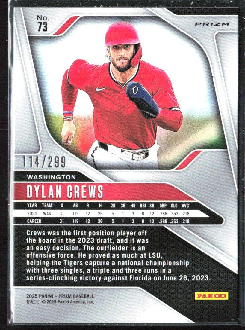 Dylan Crews 2025 Panini Prizm Red RC /299 #73 Washington Nationals