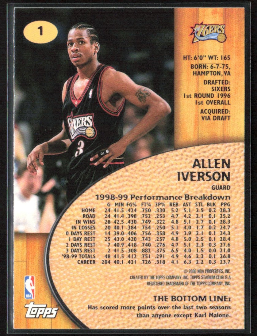 Allen Iverson 1999 Topps Stadium Club #1 Philadelphia 76ers