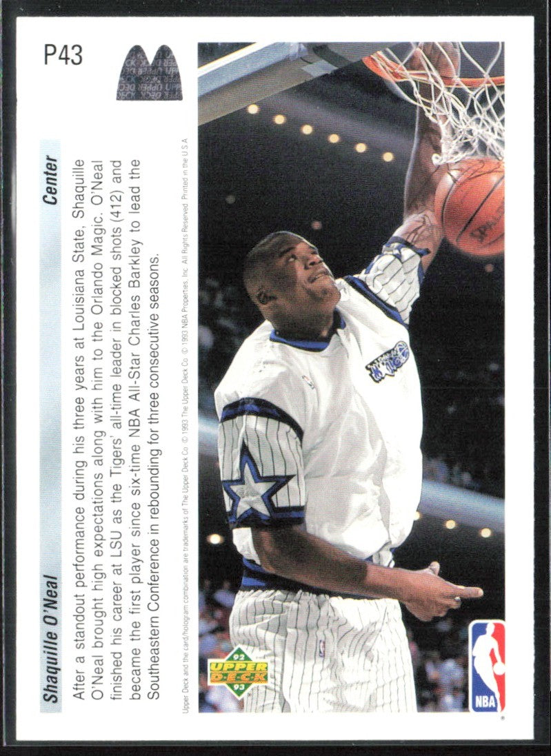 Shaquille O'Neal 1992 Upper Deck McDonald's #P43 Orlando Magic