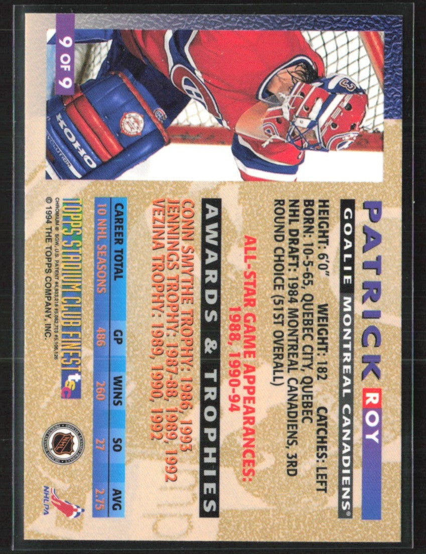 Patrick Roy 1994 Topps Stadium Club Finest #9 Montreal Canadiens
