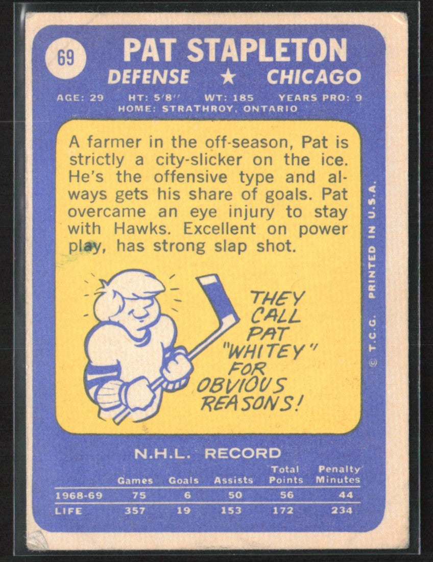Pat Stapleton 1969 Topps #69 Chicago Blackhawks