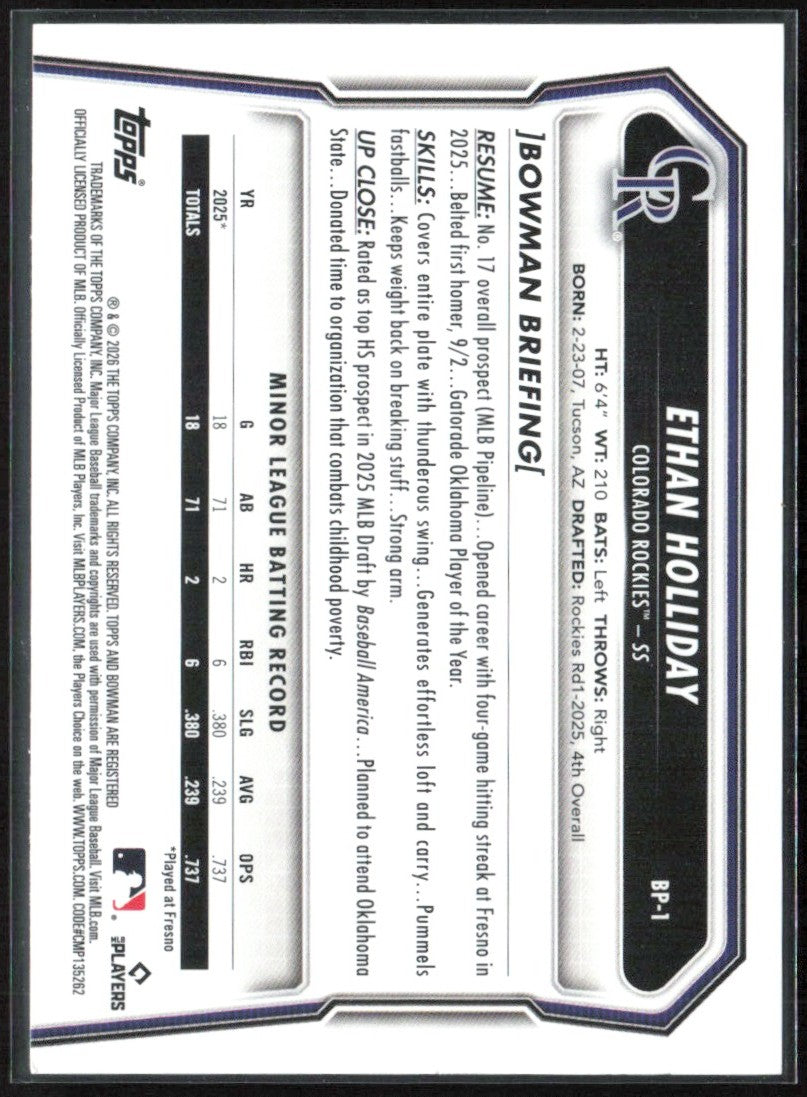 Ethan Holliday 2026 Bowman #BP-1 Colorado Rockies
