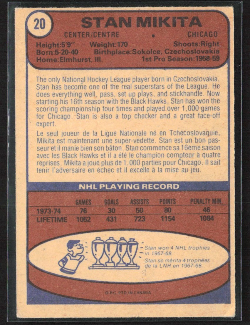 Stan Mikita 1974 O-Pee-Chee #20 Chicago Blackhawks