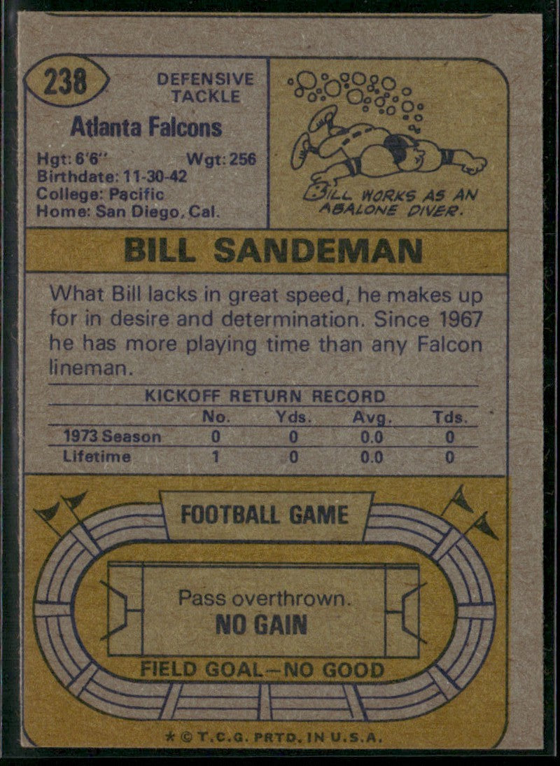 Bill Sandeman 1974 Topps #238 Atlanta Falcons