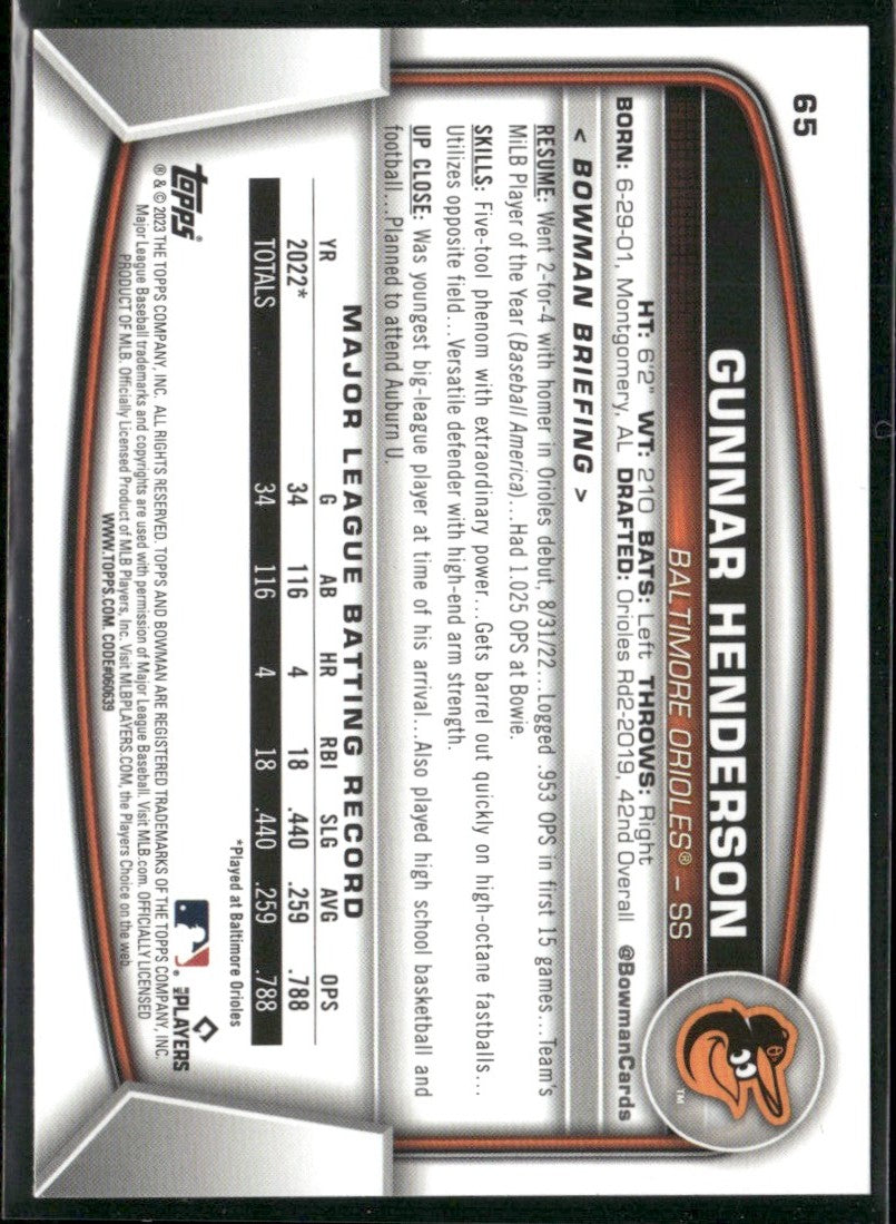 Gunnar Henderson 2023 Bowman RC #65 Baltimore Orioles