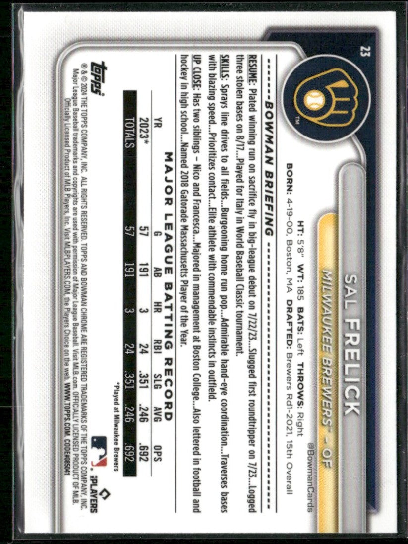Sal Frelick 2024 Bowman Chrome RC #23 Milwaukee Brewers