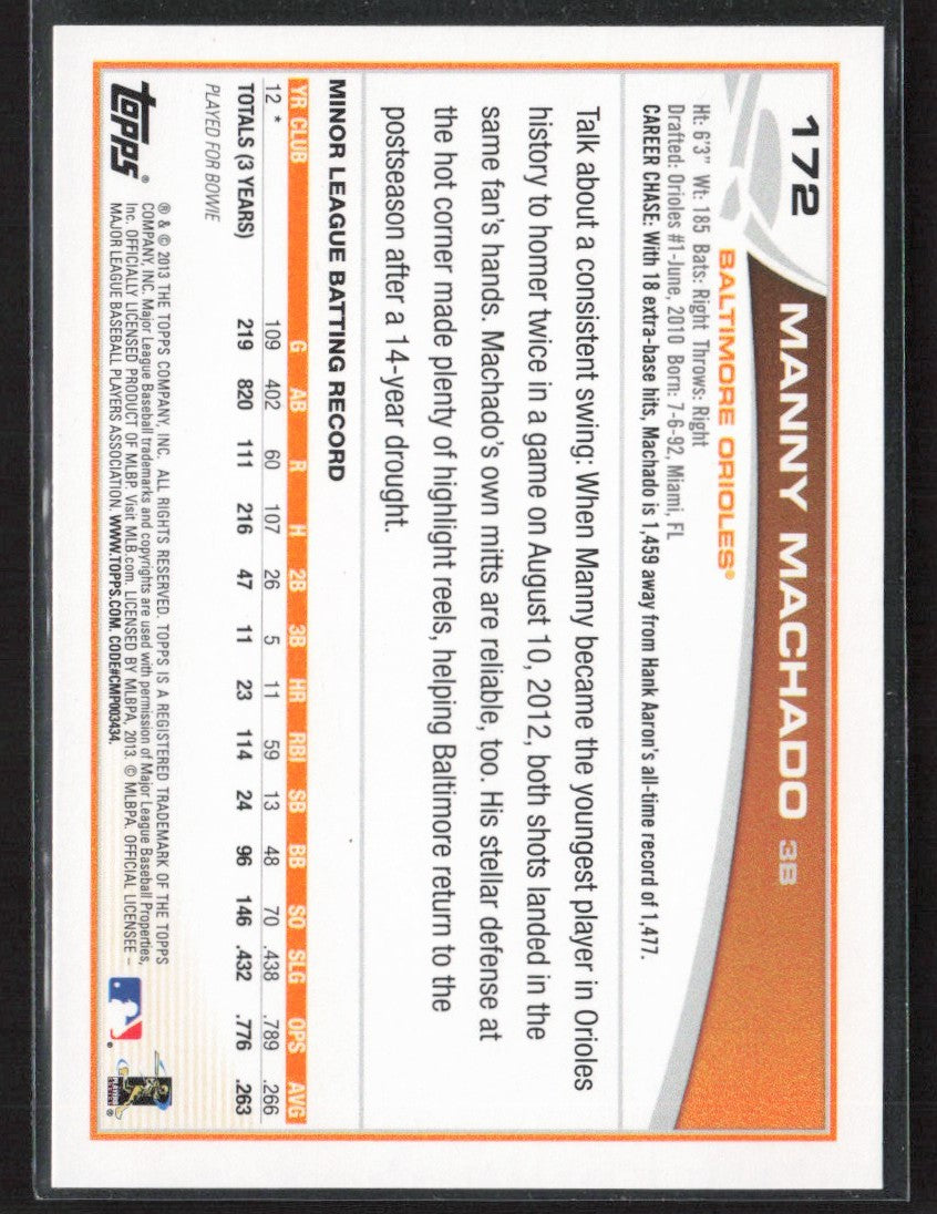 Manny Machado 2013 Topps Opening Day RC #172 Baltimore Orioles