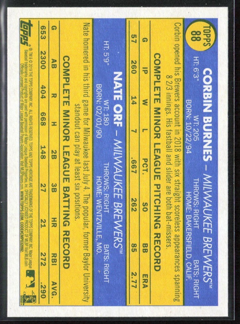 Nate Orf/Corbin Burnes 2019 Topps Heritage RC #88 Milwaukee Brewers
