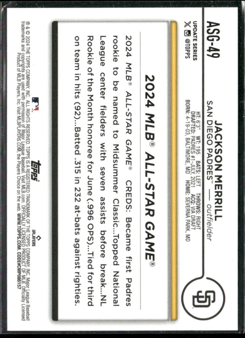 Jackson Merrill 2024 Topps Update 2024 All-Star Game RC #ASG-49 San Diego Padres