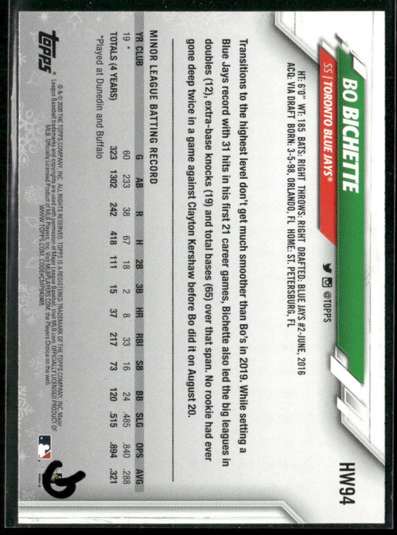 Bo Bichette 2020 Topps Holiday RC #HW94 Toronto Blue Jays
