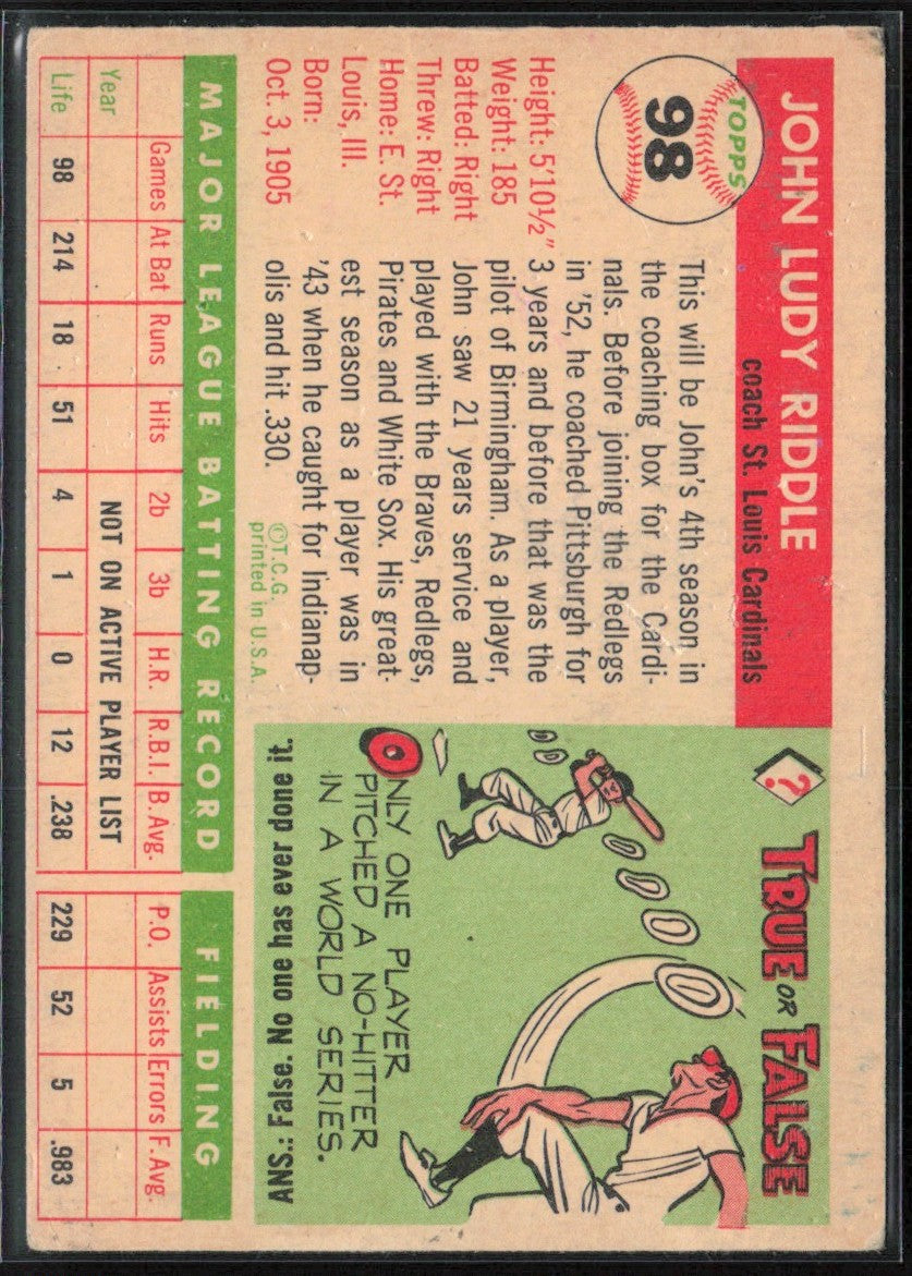 Johnny Riddle 1955 Topps #98 St. Louis Cardinals