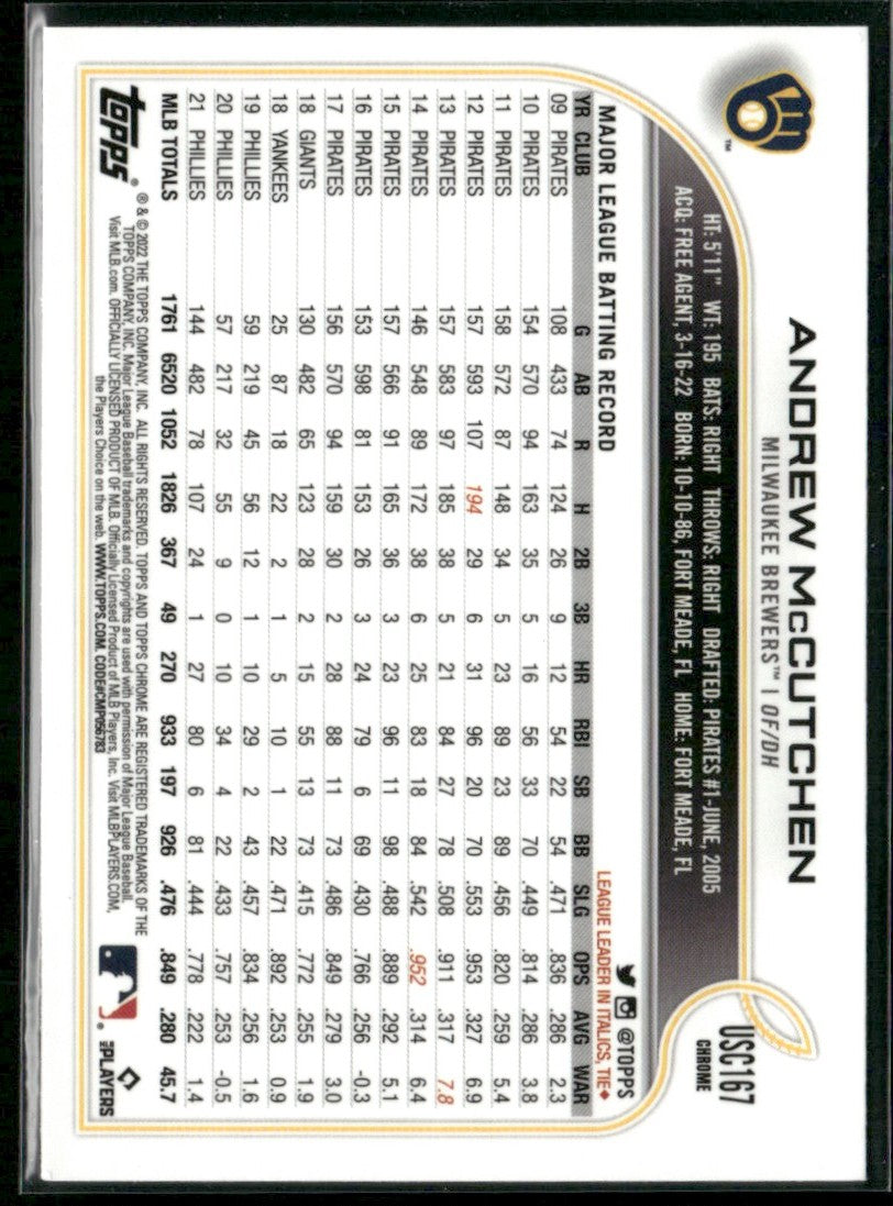 Andrew McCutchen 2021 Topps Chrome Update Purple #USC167 Milwaukee Brewers