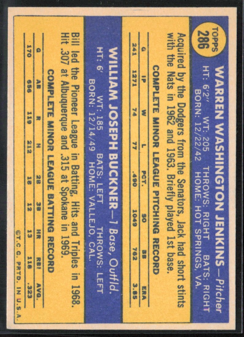 Jack Jenkins Bill Buckner 1970 Topps RC #286 Los Angeles Dodgers