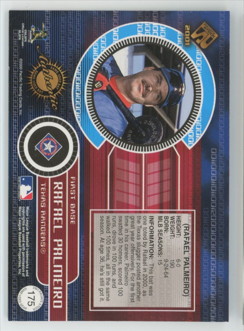 Rafael Palmeiro 2001 Pacific Private Stock Game Gear Bat #175 Texas Rangers