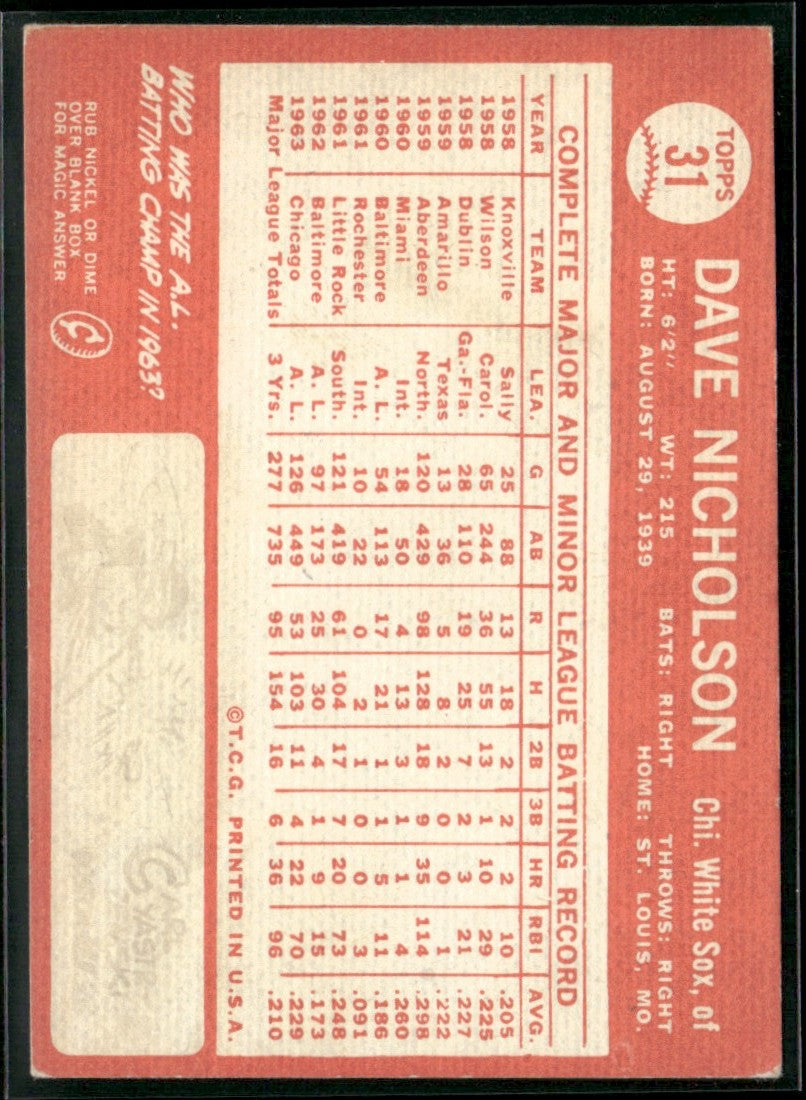 Dave Nicholson 1964 Topps #31 Chicago White Sox