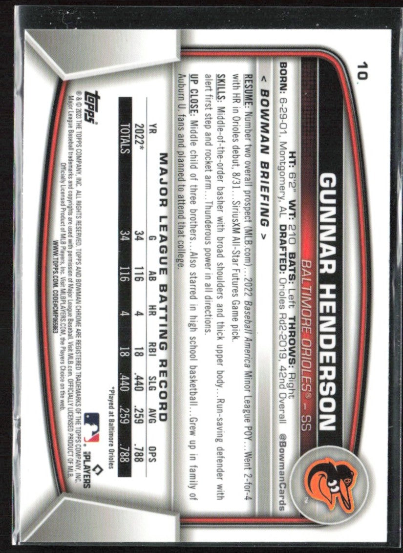 Gunnar Henderson 2023 Bowman Chrome RC #10 Baltimore Orioles