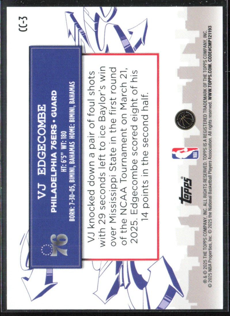 VJ Edgecombe 2025 Topps Clutch City Prospects RC #CC-3 Philadelphia 76ers