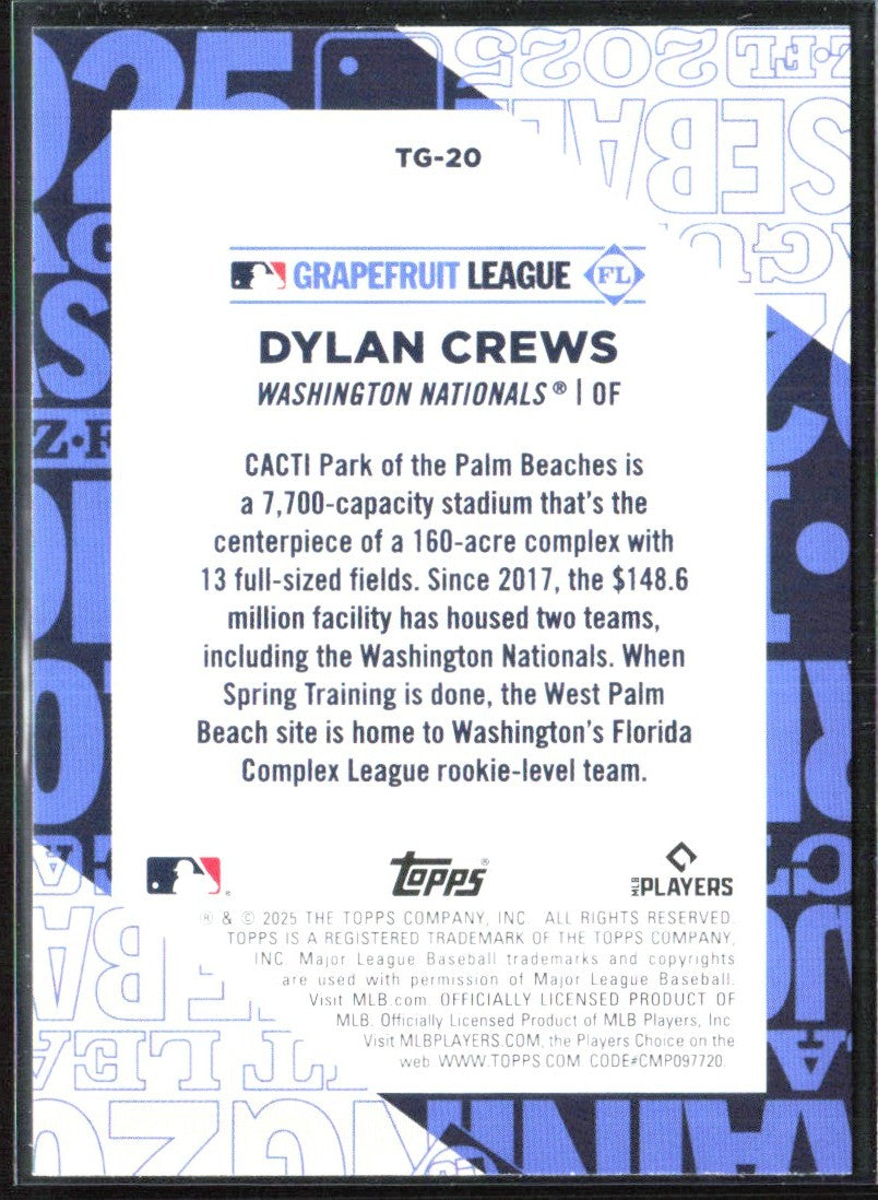 Dylan Crews 2025 Topps Training Grounds RC #TG-20 Washington Nationals