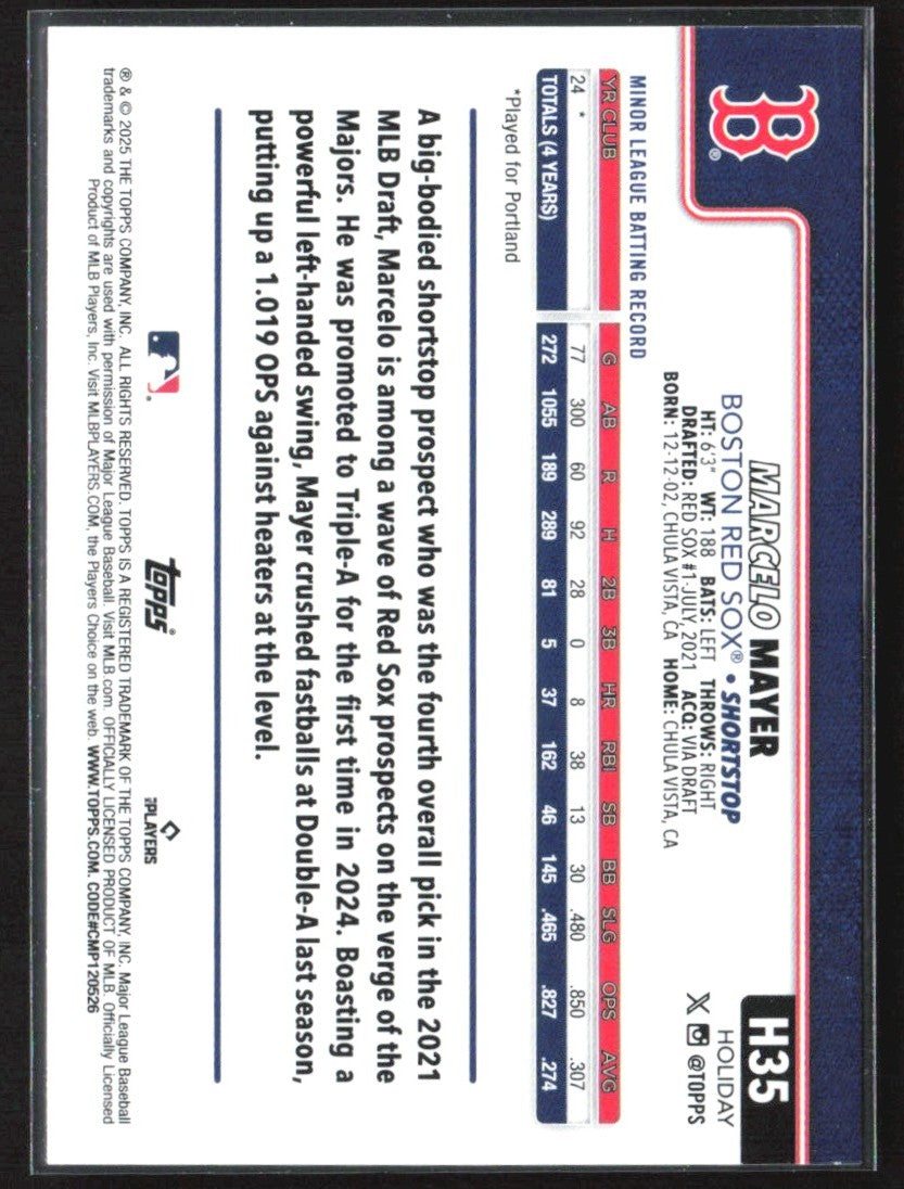 Marcelo Mayer 2025 Topps Holiday Green Plaid RC #H35 Boston Sox