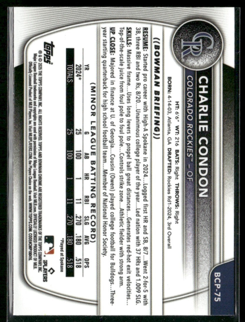 Charlie Condon 2025 Bowman Chrome 1st #BCP-75 Colorado Rockies