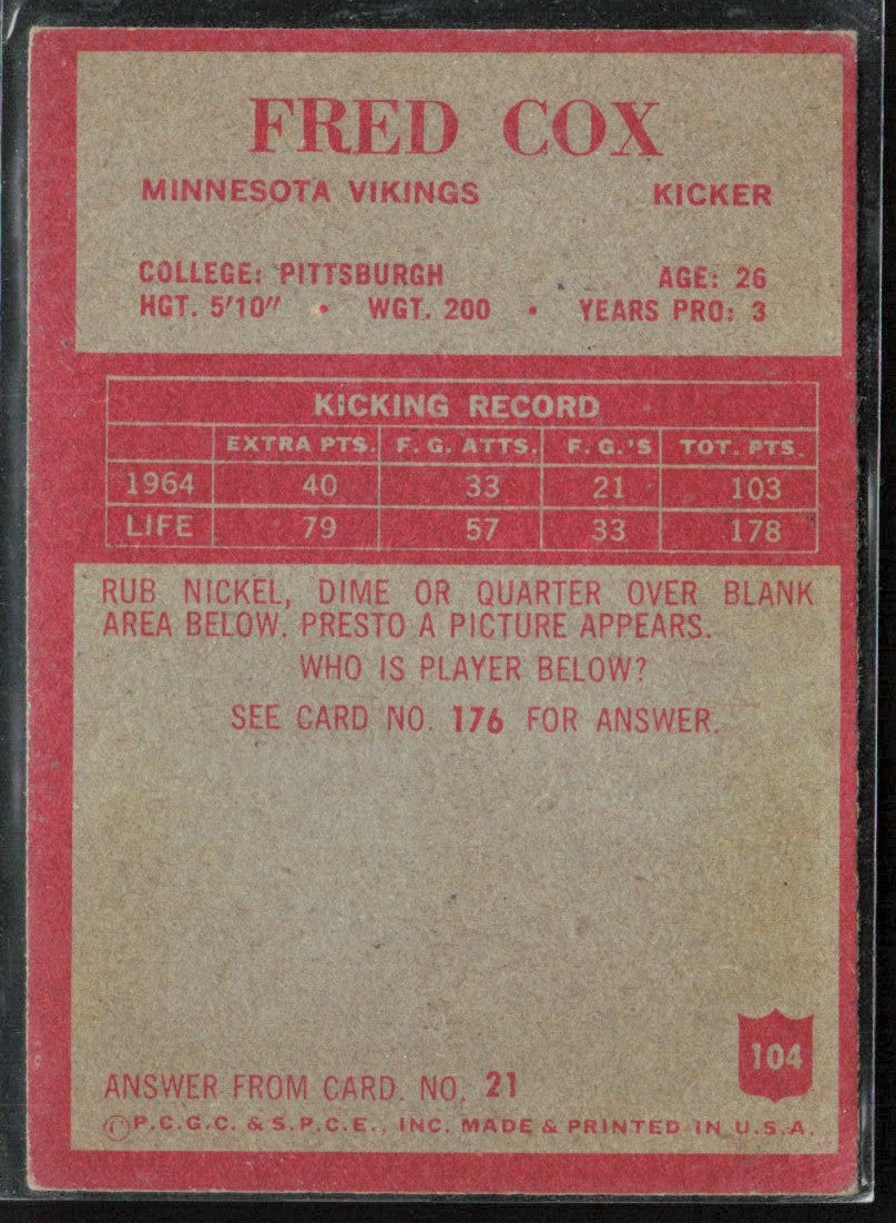 Fred Cox 1965 Philadelphia RC #104 Minnesota Vikings