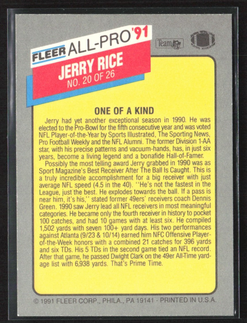 Jerry Rice 1991 Fleer All-Pro #20 San Francisco 49ers