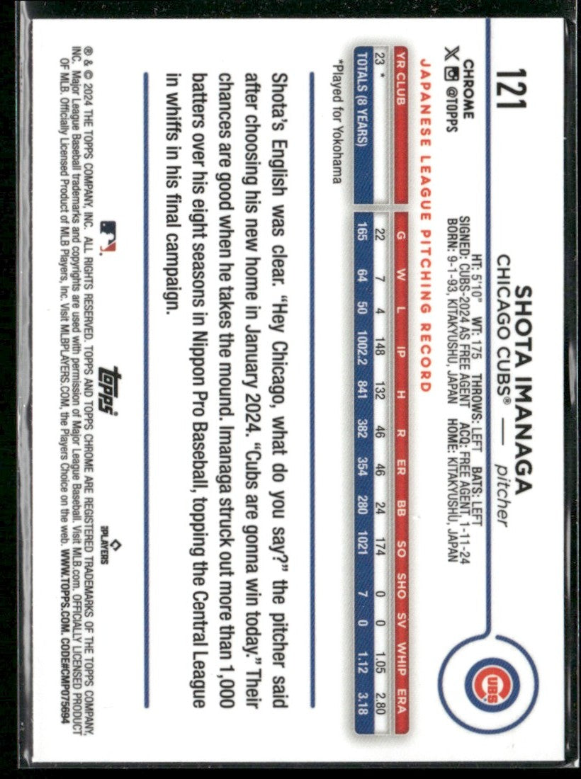 Shota Imanaga 2024 Topps Chrome RC #121 Chicago Cubs
