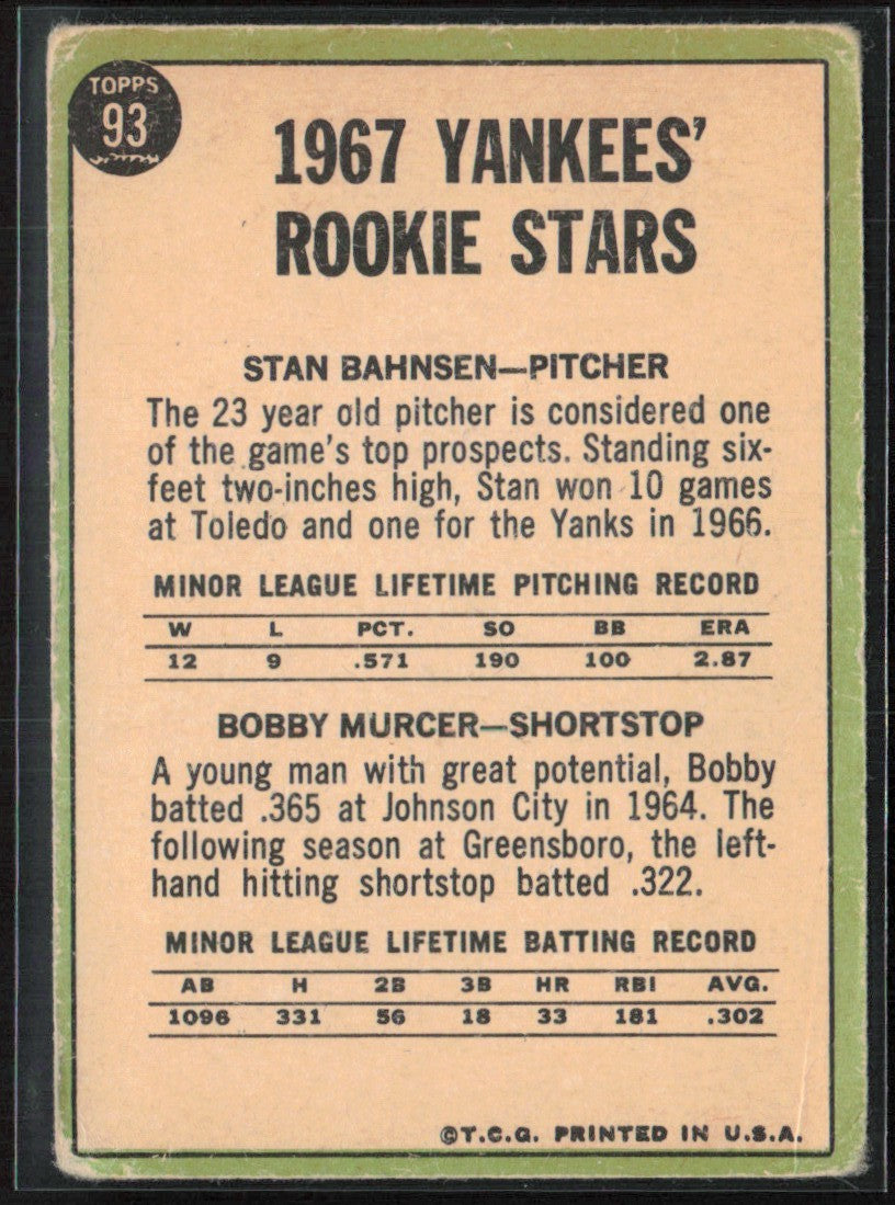 Stan Bahnsen/Bobby Murcer 1967 Topps RC #93 New York Yankees