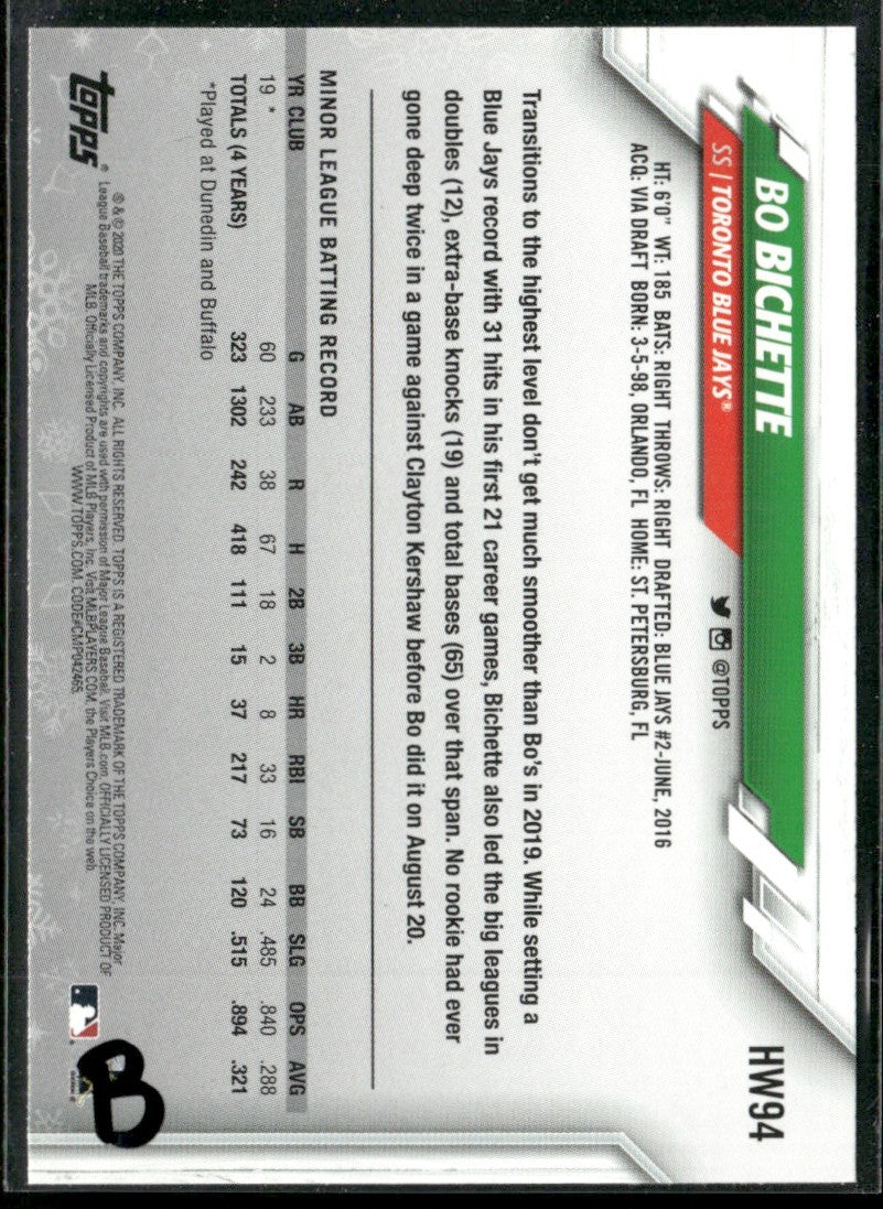 Bo Bichette 2020 Topps Holiday RC #HW94 Toronto Blue Jays