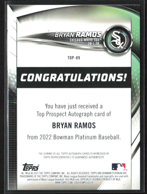 Bryan Ramos 2022 Bowman Platinum Top Prospects AUTO #TOP-89 Chicago White Sox