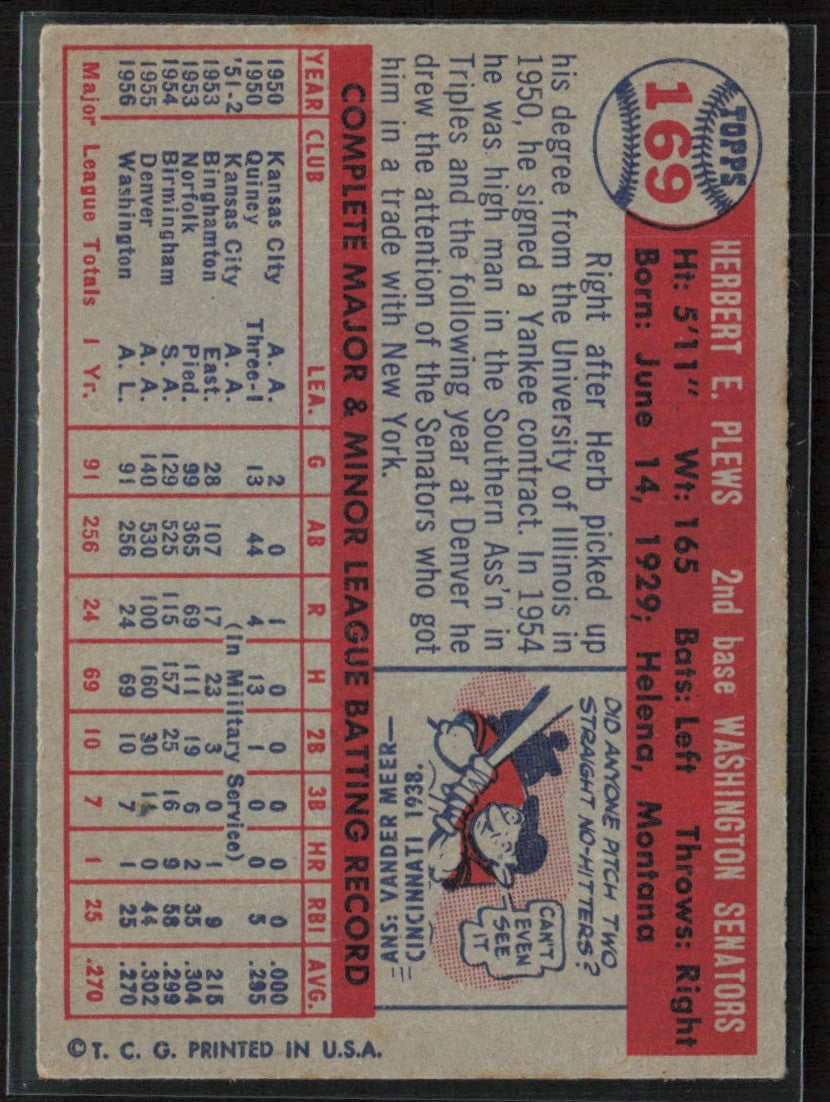 Herb Plews 1957 Topps RC #169 Washington Senators