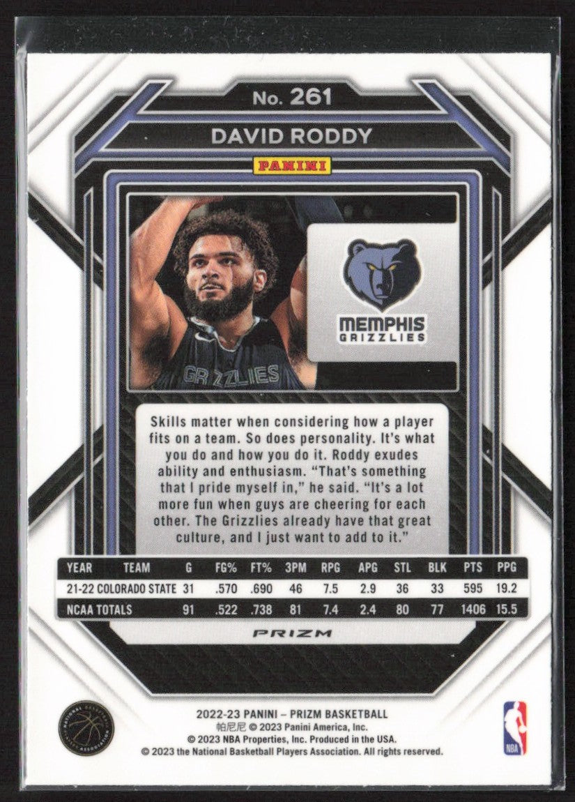 David Roddy 2022 Panini Prizm Fast Break RC #261 Memphis Grizzlies