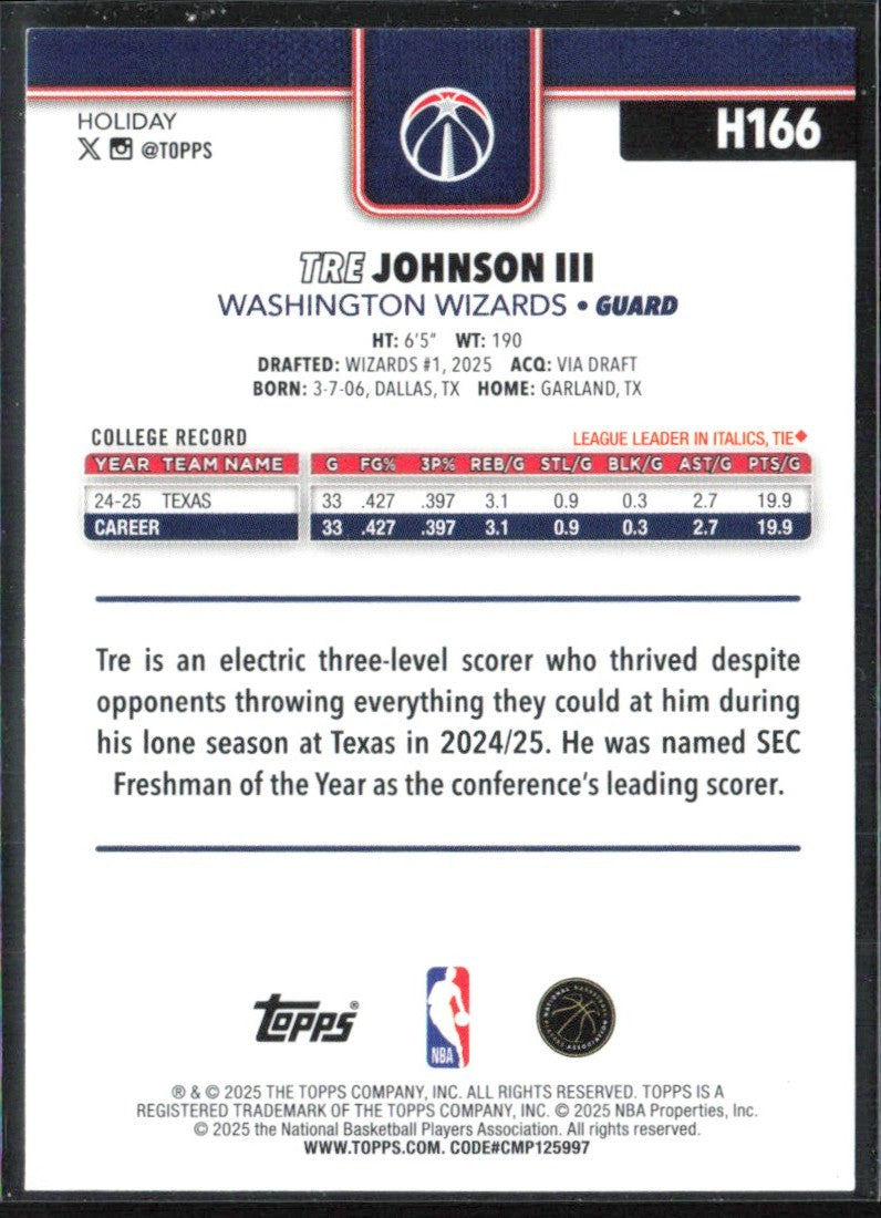Tre Johnson III 2025 Topps Holiday RC #H166 Washington Wizards