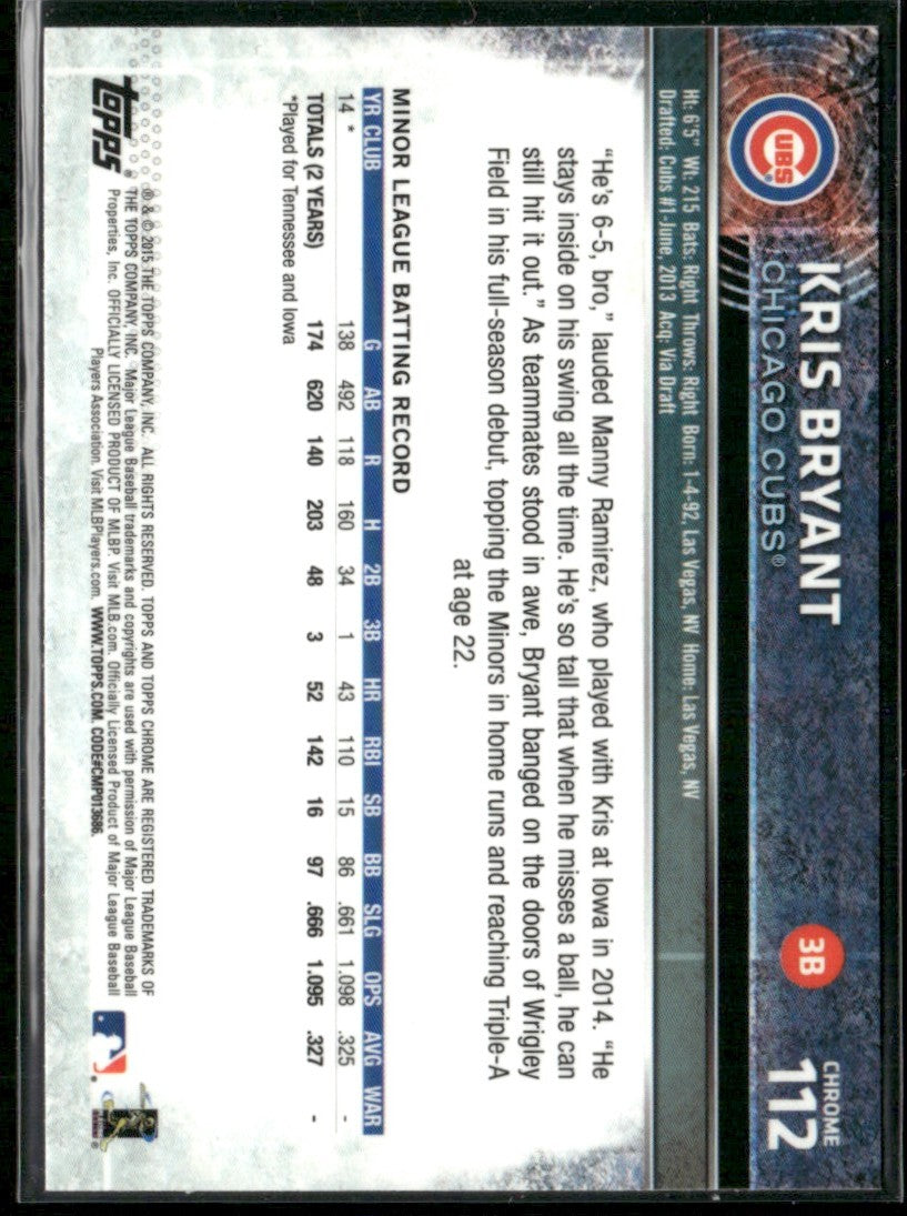 Kris Bryant 2015 Topps Chrome RC #112 Chicago Cubs