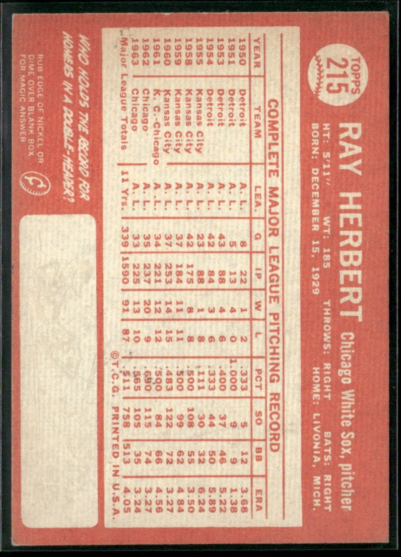 Ray Herbert 1964 Topps #215 Chicago White Sox