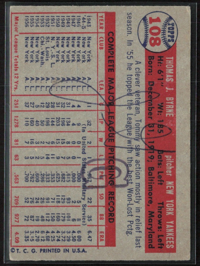Tommy Byrne 1957 Topps #108 New York Yankees