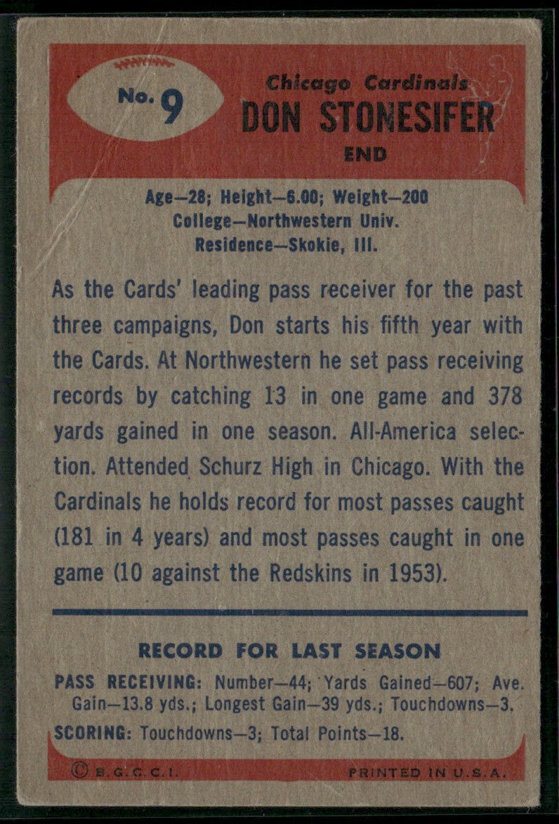 Don Stonesifer 1955 Bowman #9 Chicago Cardinals