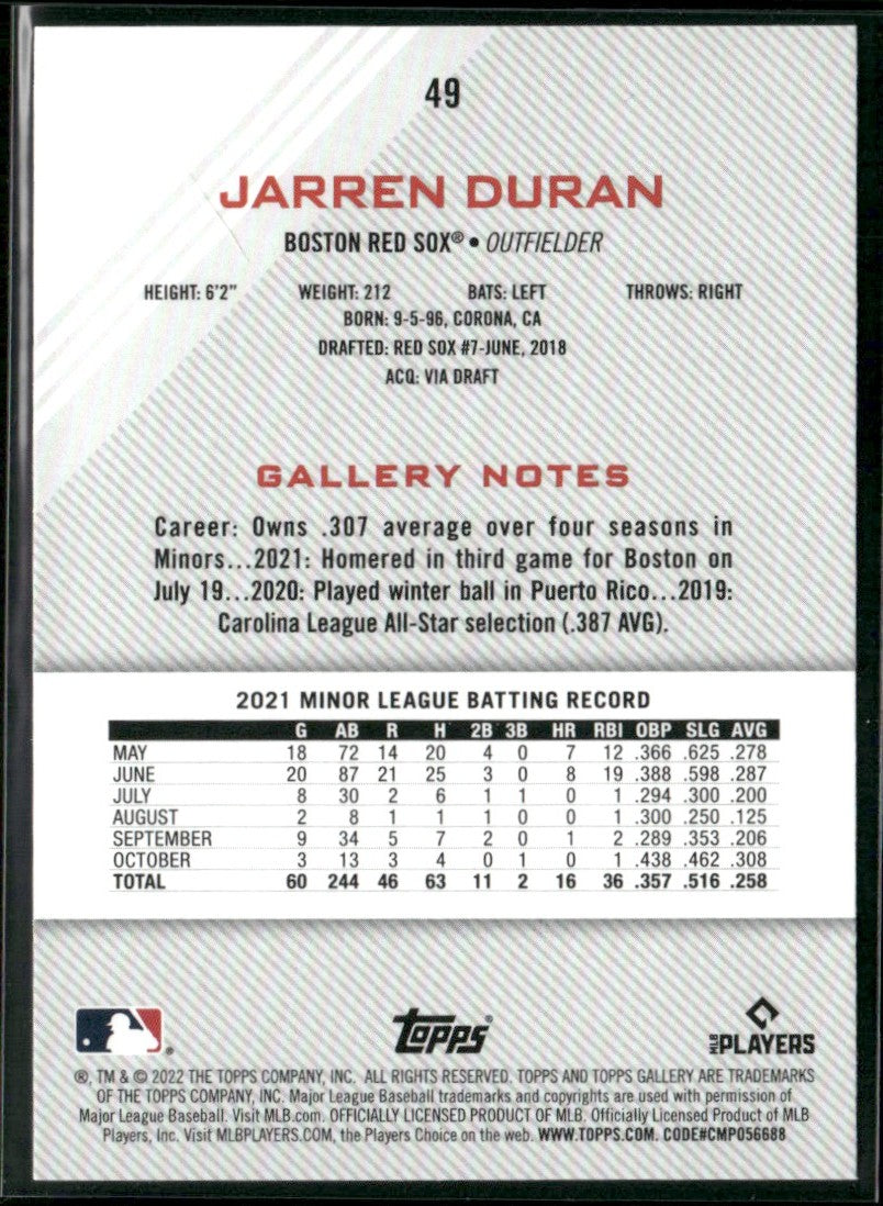 Jarren Duran 2022 Topps Gallery RC #49 Boston Red Sox