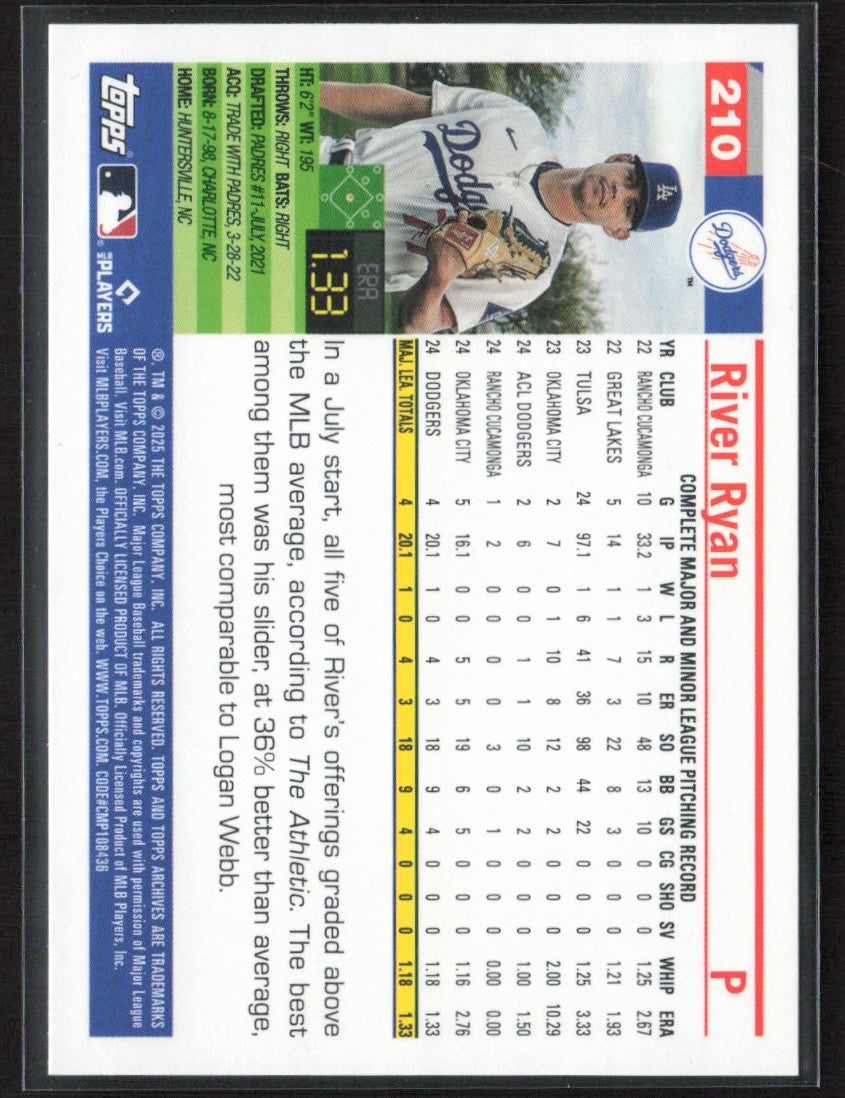 River Ryan 2025 Topps Archives 2005 Black Foilboard RC #210 Los Angeles Dodgers