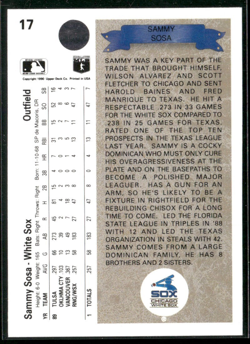 Sammy Sosa 1990 Upper Deck RC #17 Chicago White Sox