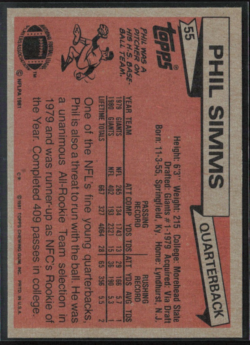 Phil Simms 1981 Topps #55 New York Giants