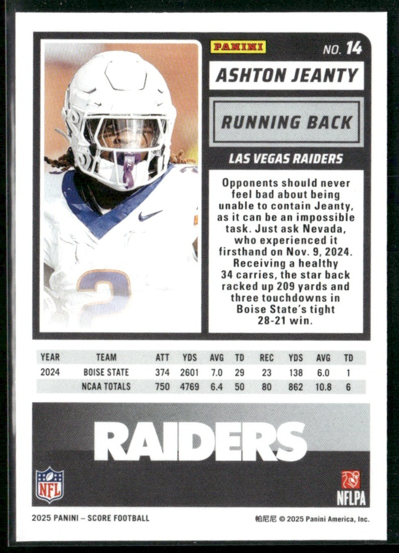 Ashton Jeanty 2025 Panini Score RC #14 Las Vegas Raiders
