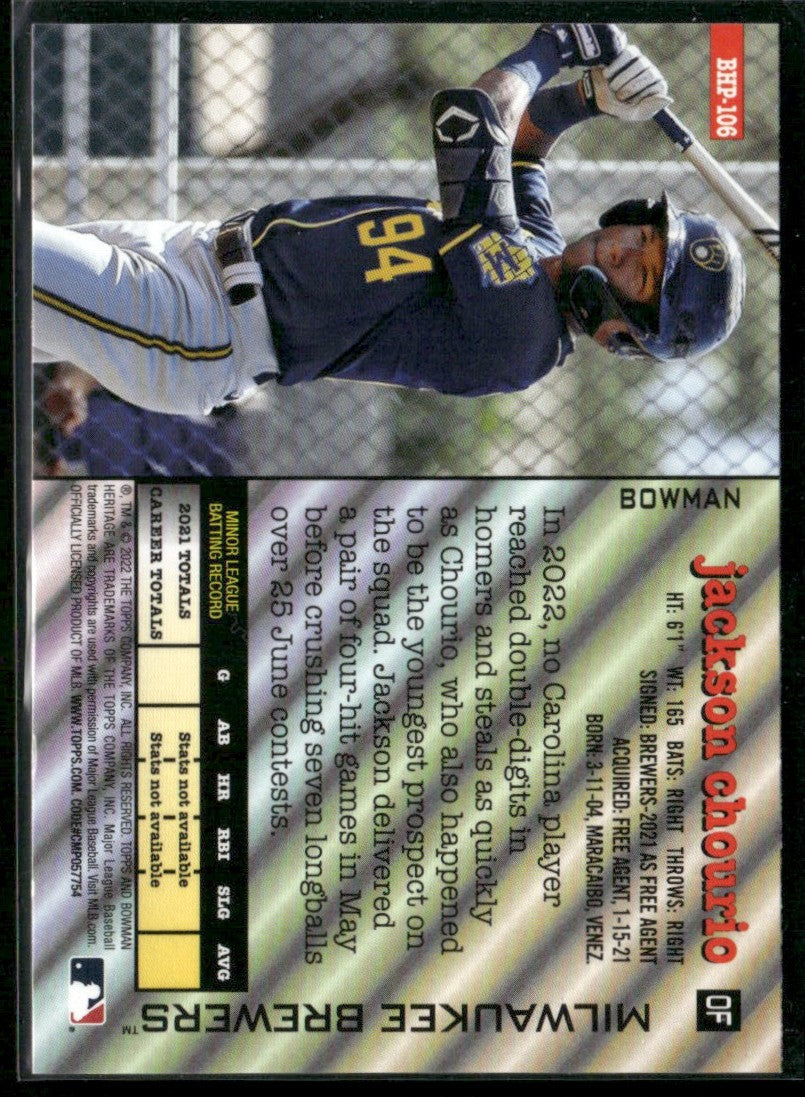 Jackson Chourio 2022 Bowman Heritage #BHP-106 Milwaukee Brewers