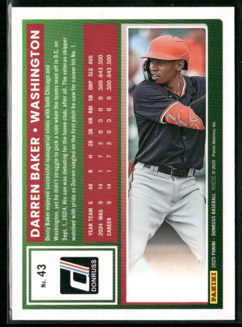 Darren Baker 2025 Panini Donruss Orange Lazer /299 #43 Washington Nationals