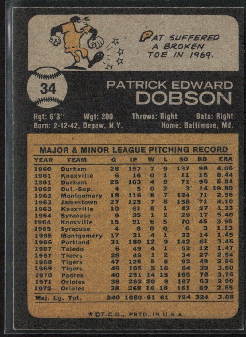 Pat Dobson 1973 Topps #34 Baltimore Orioles