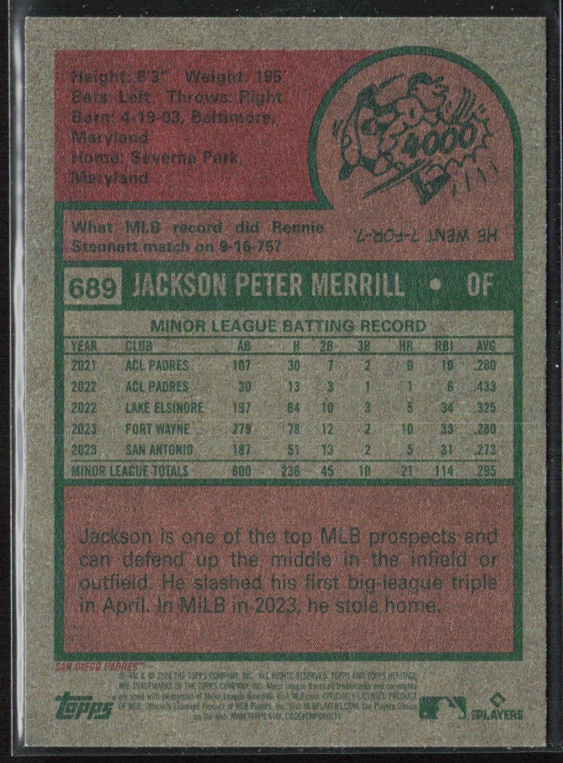 Jackson Merrill 2024 Topps Heritage RC #689 San Diego Padres